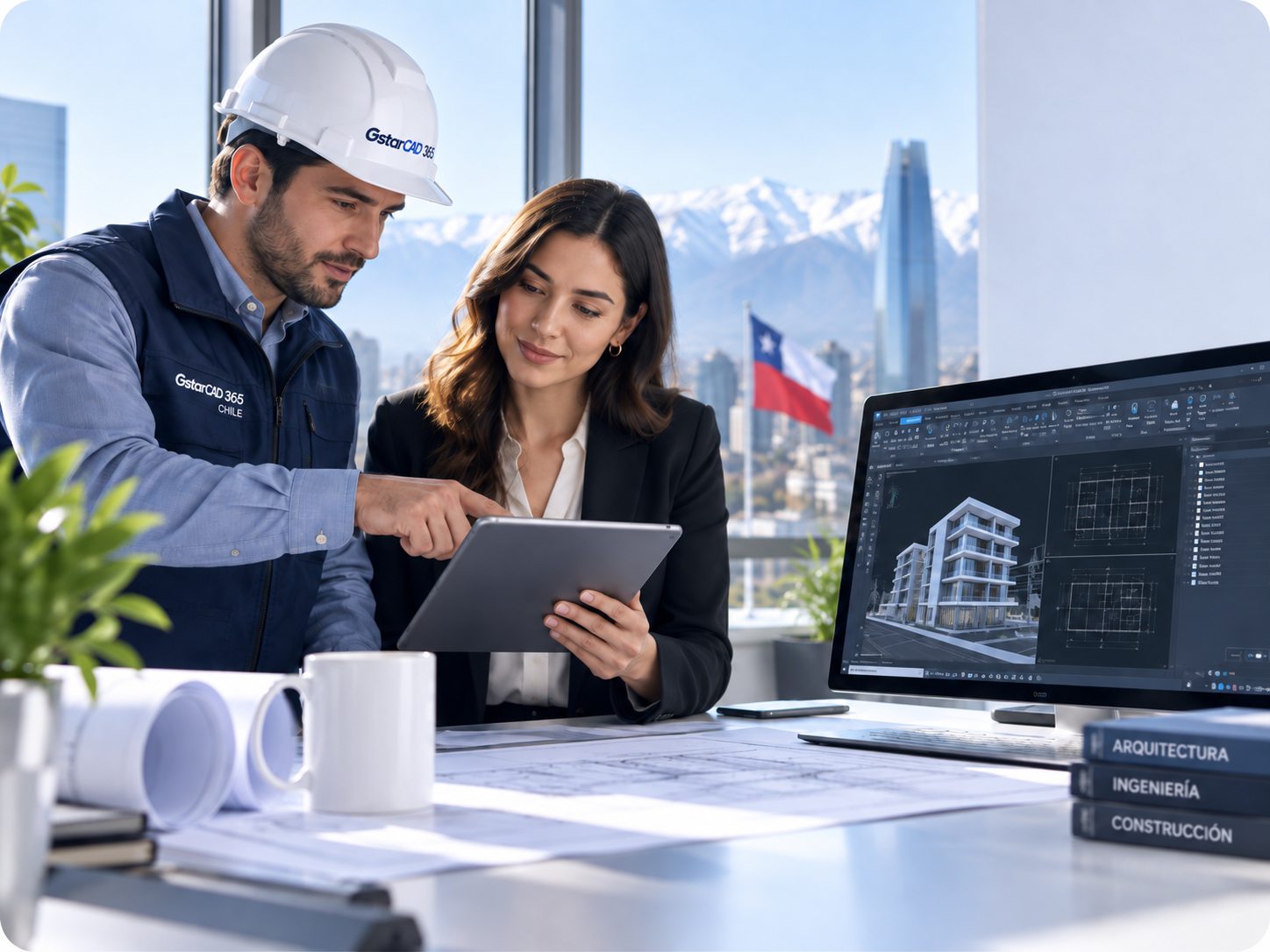 Ingeniero revisando planos en obra con GstarCAD